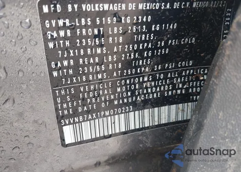 2023 Volkswagen Tiguan 2.0T Se from USA, damaged, VIN 3VVNB7AX1PM070233